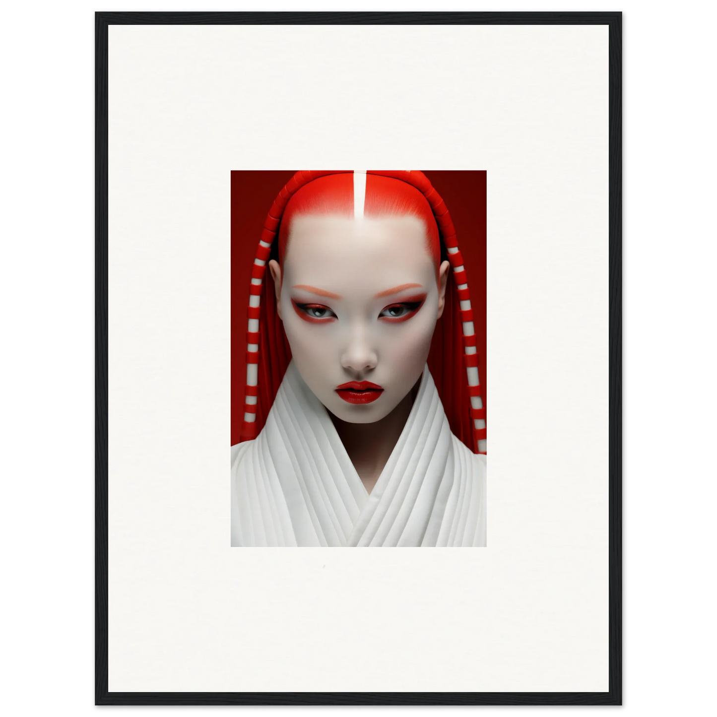 Striking portrait with white makeup and red accents for Pome Artcard Whisper