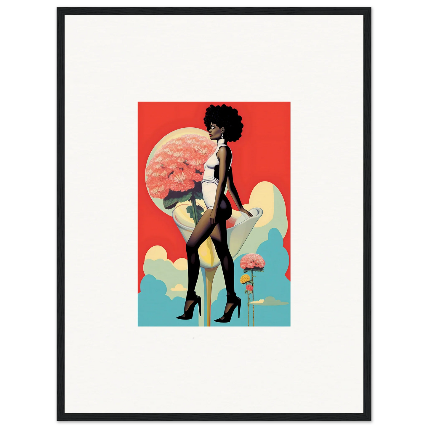 Stylized illustration of a woman with afro in retro-futuristic floral highs canvas print