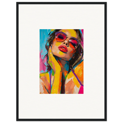 Colorful pop art portrait of a woman in sunglasses, perfect for mind prism room decoration