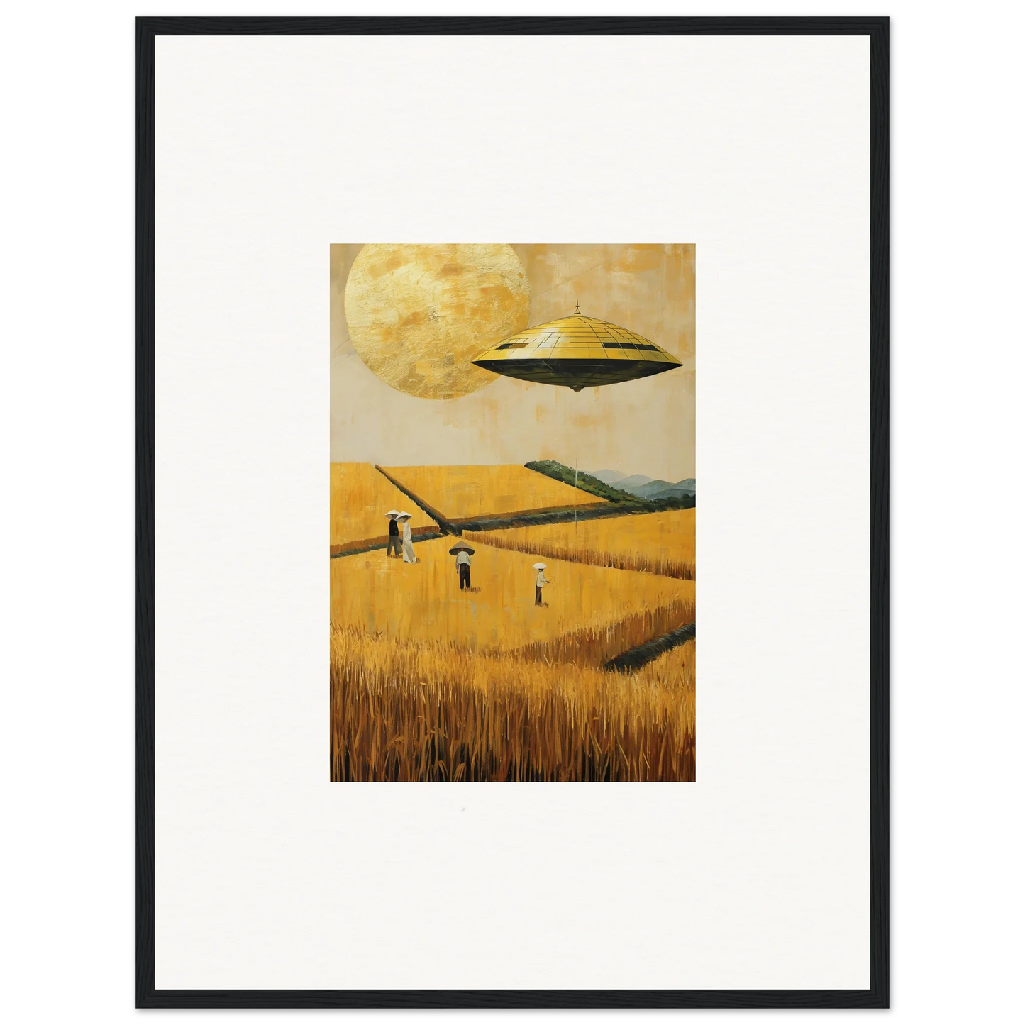 Framed canvas print of a UFO over a melancholy field, perfect room decoration