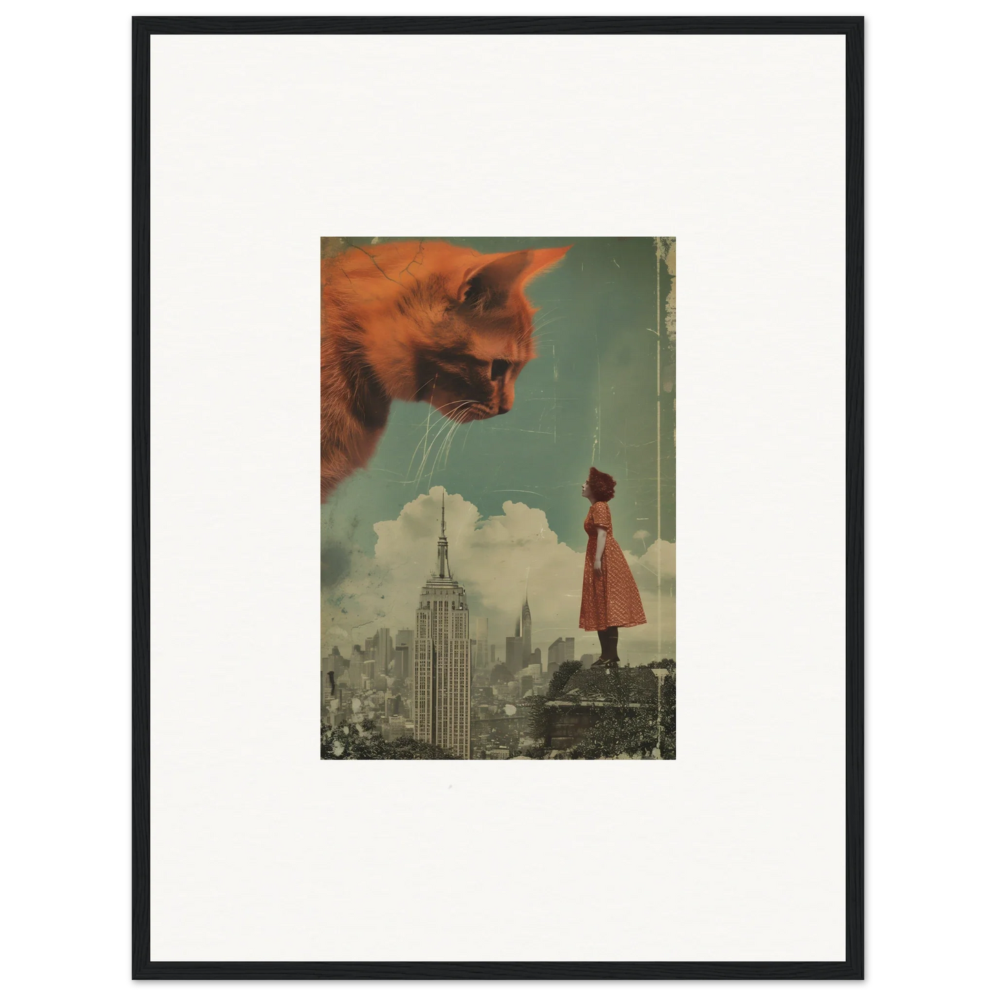 Surreal collage of a giant cat’s head above a city, perfect for Room Decor as Framed Wall Art