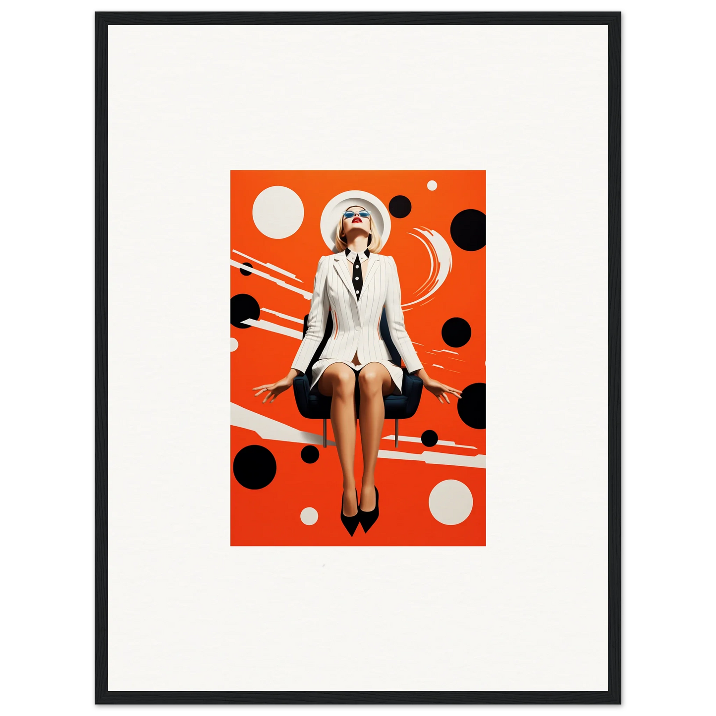 Stylized woman in a white suit on an orange canvas print for cool room decoration