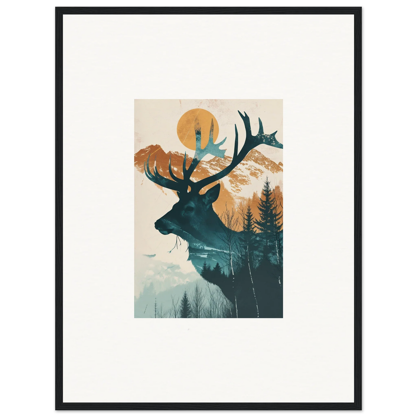 Framed canvas print of a deer silhouette filled with a dreamy forest landscape for room decoration