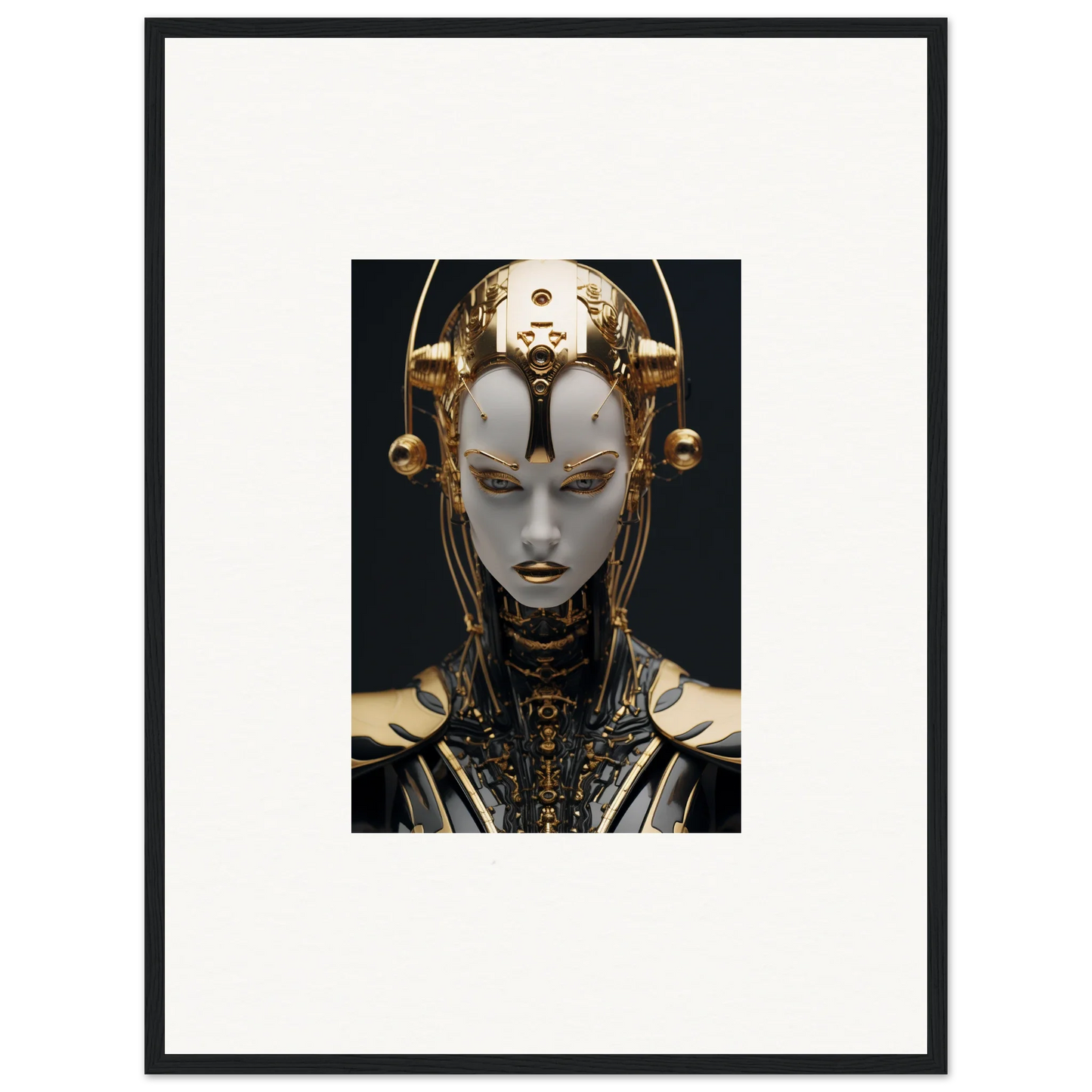 Futuristic robotic face artwork in gold and white for cool room decoration canvas print