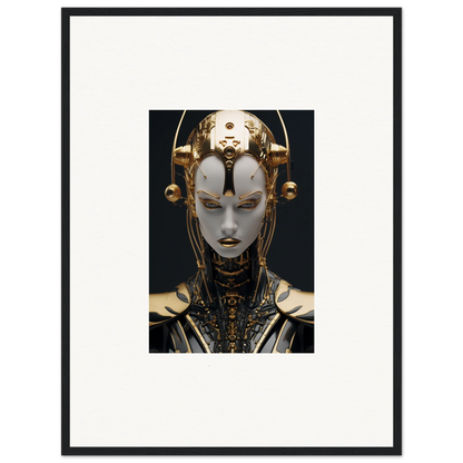 Futuristic robotic face artwork in gold and white for cool room decoration canvas print