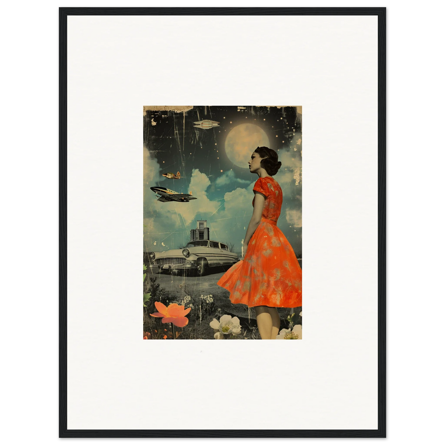 Framed retro bloom canvas print of a woman in an orange dress against a surreal night sky