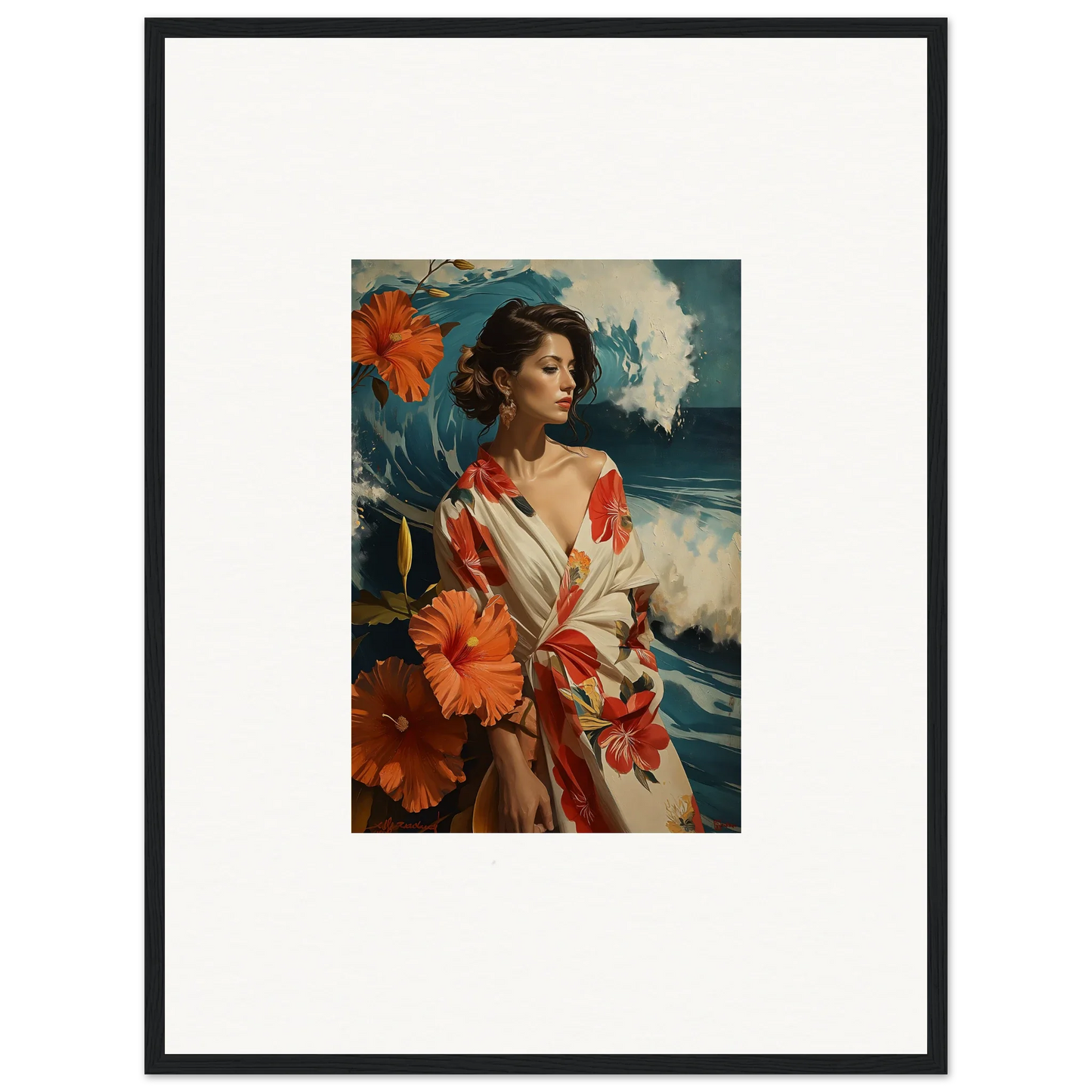 Framed canvas print of a woman in a floral robe, perfect for room decoration and Musing Cascade