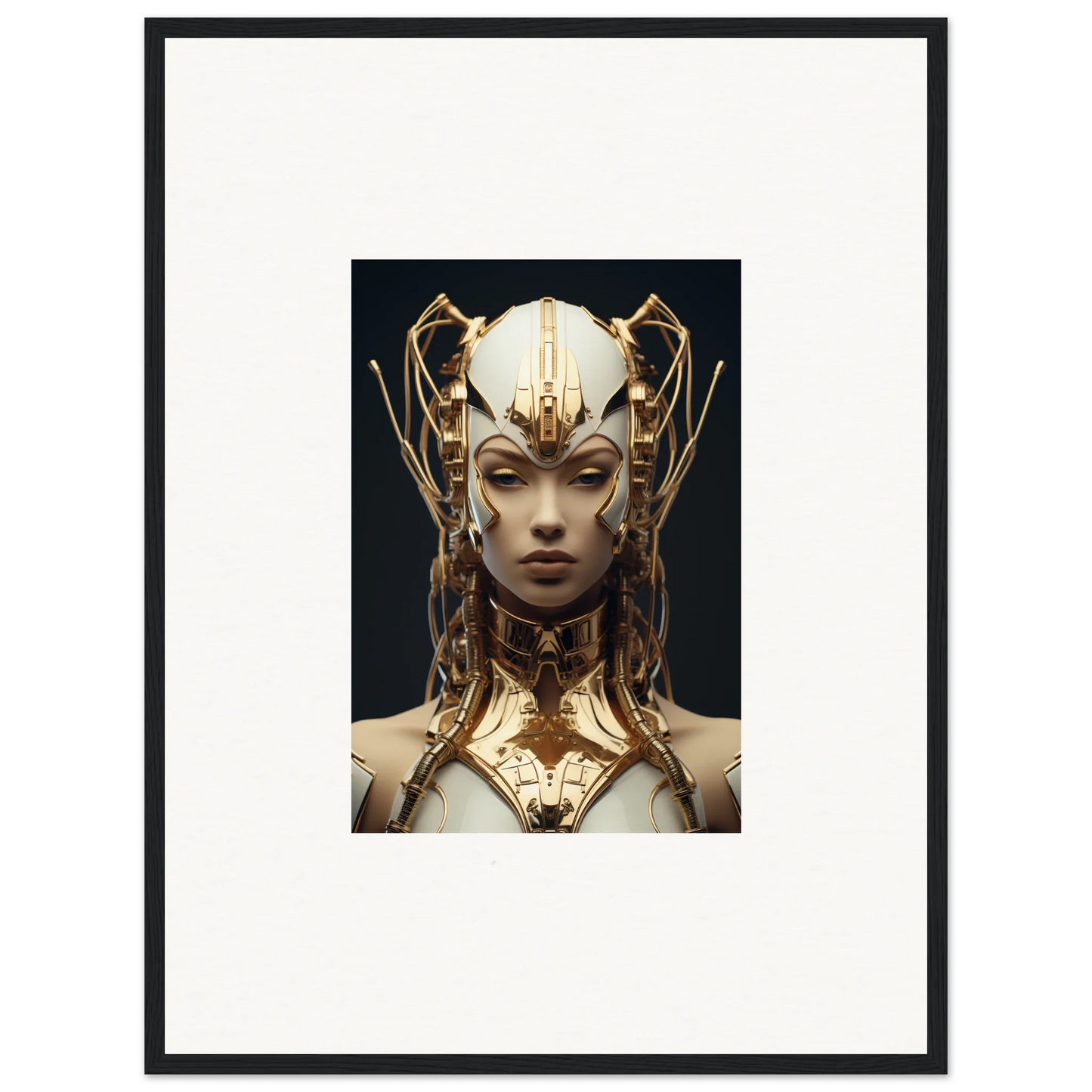 Futuristic female figure with golden headdress, perfect for your Future Echoes Muse canvas print