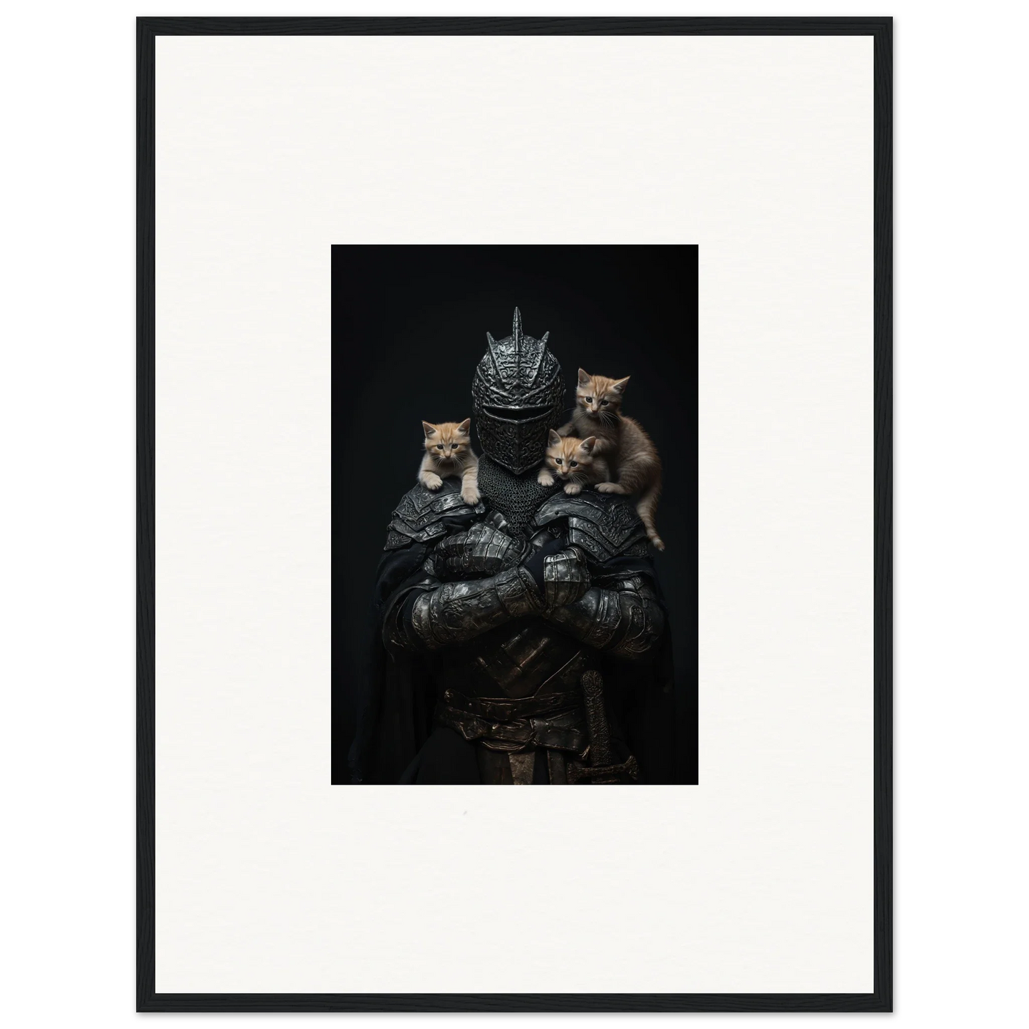 Framed canvas print of an armored knight with three kittens for sunrise unfurled room decoration