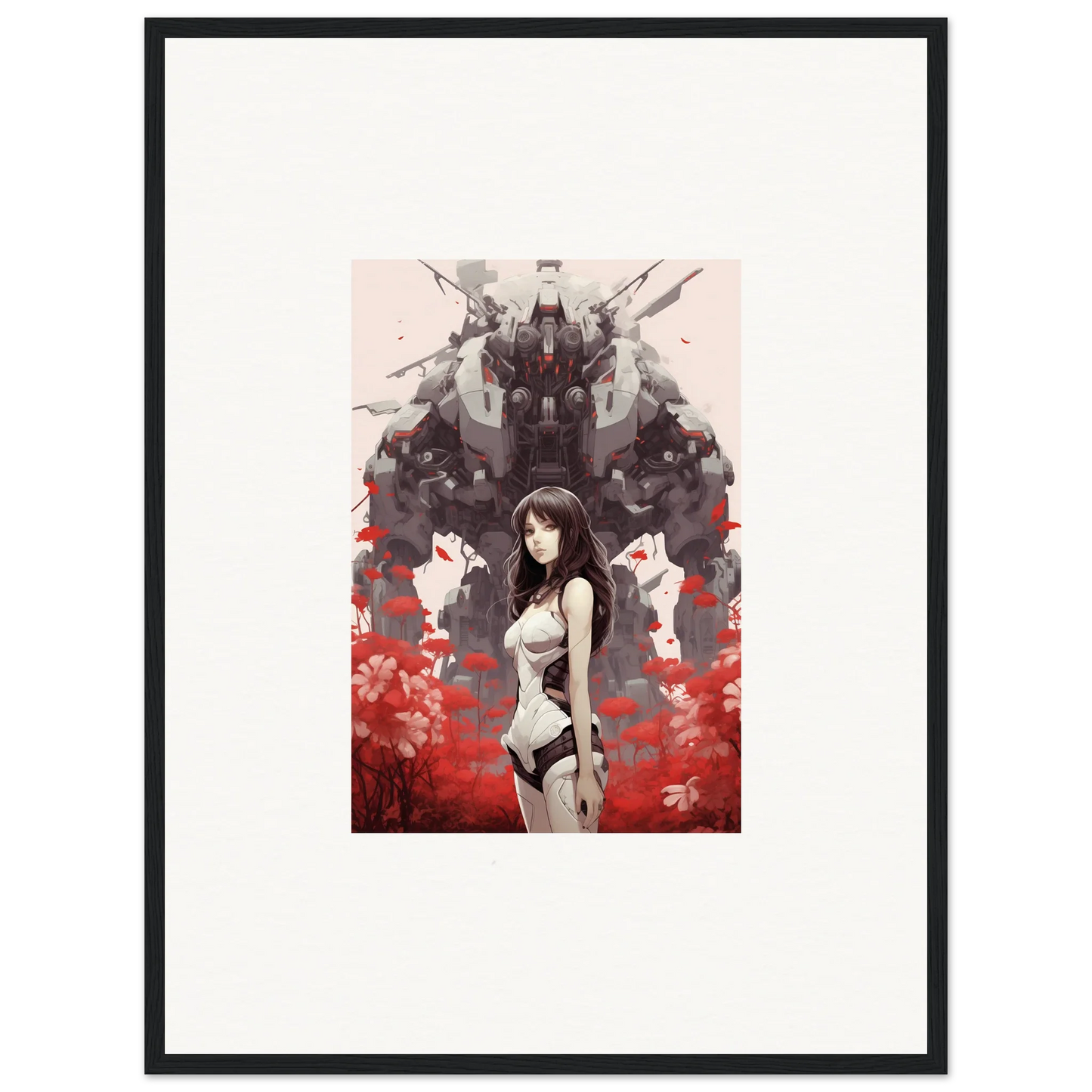 Anime-style female figure with robots in the Mechanical Amour Reverie canvas print