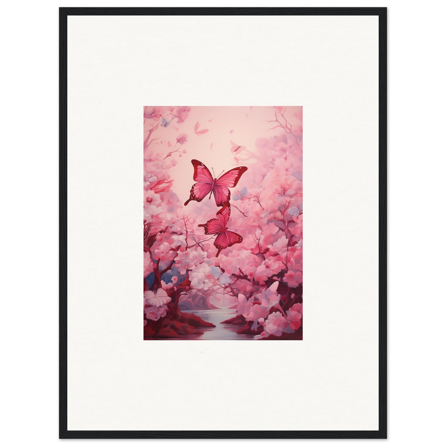 Framed canvas print of pink butterflies in cherry blossoms for spring euphoria room decoration