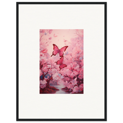 Framed canvas print of pink butterflies in cherry blossoms for spring euphoria room decoration