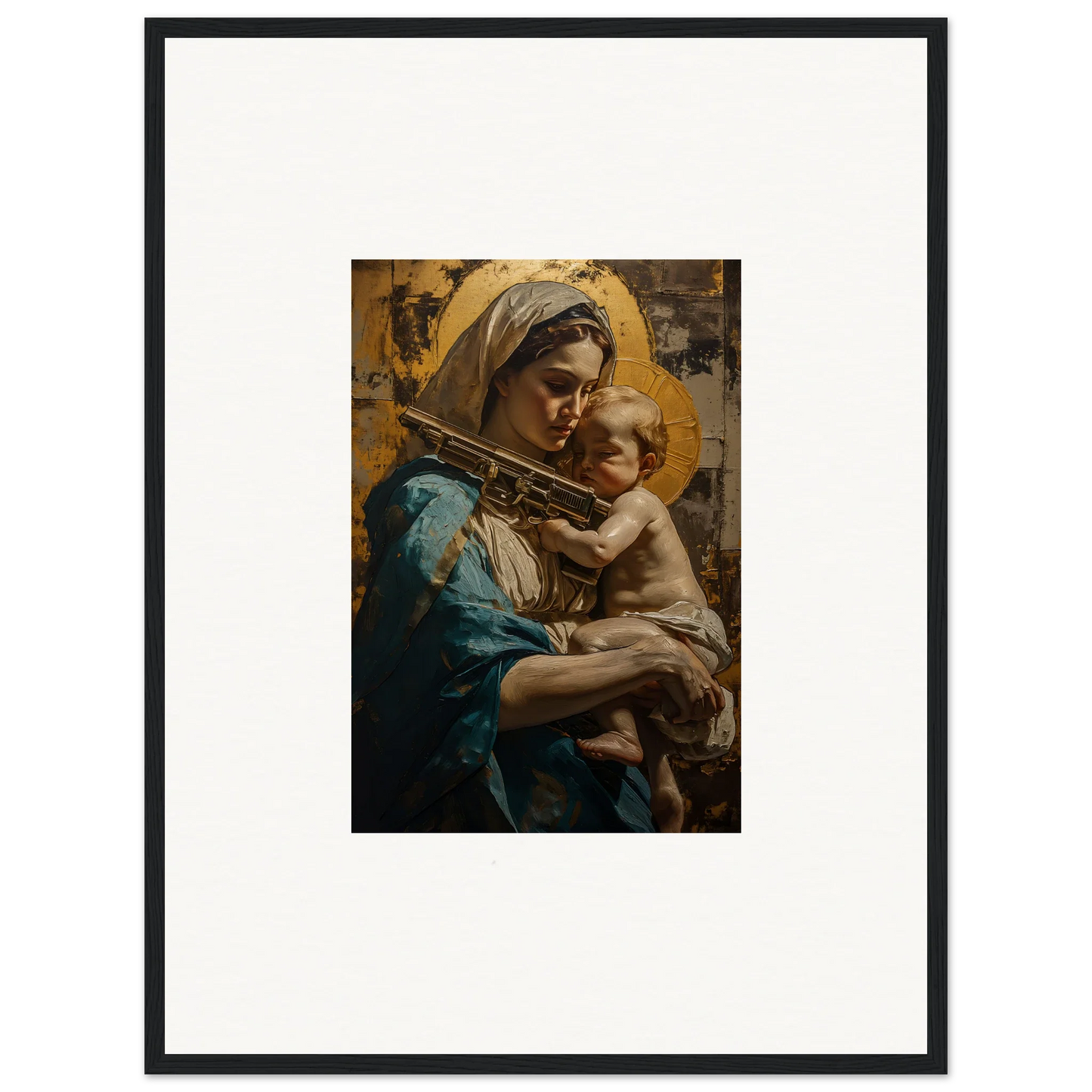 Framed canvas print of a woman and child with golden halos for loving sentinence room decoration