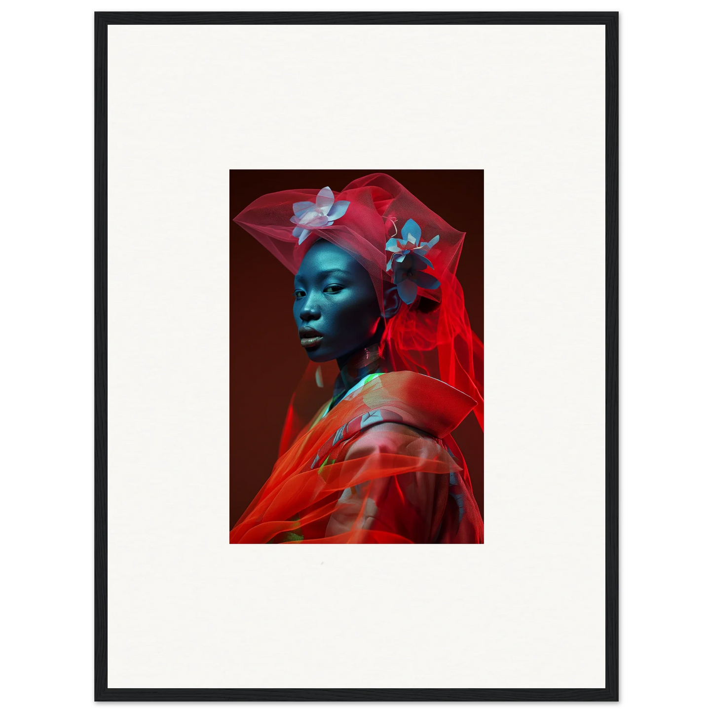 Portrait of blue-tinted person in red fabric, perfect for velvet botanicals canvas print