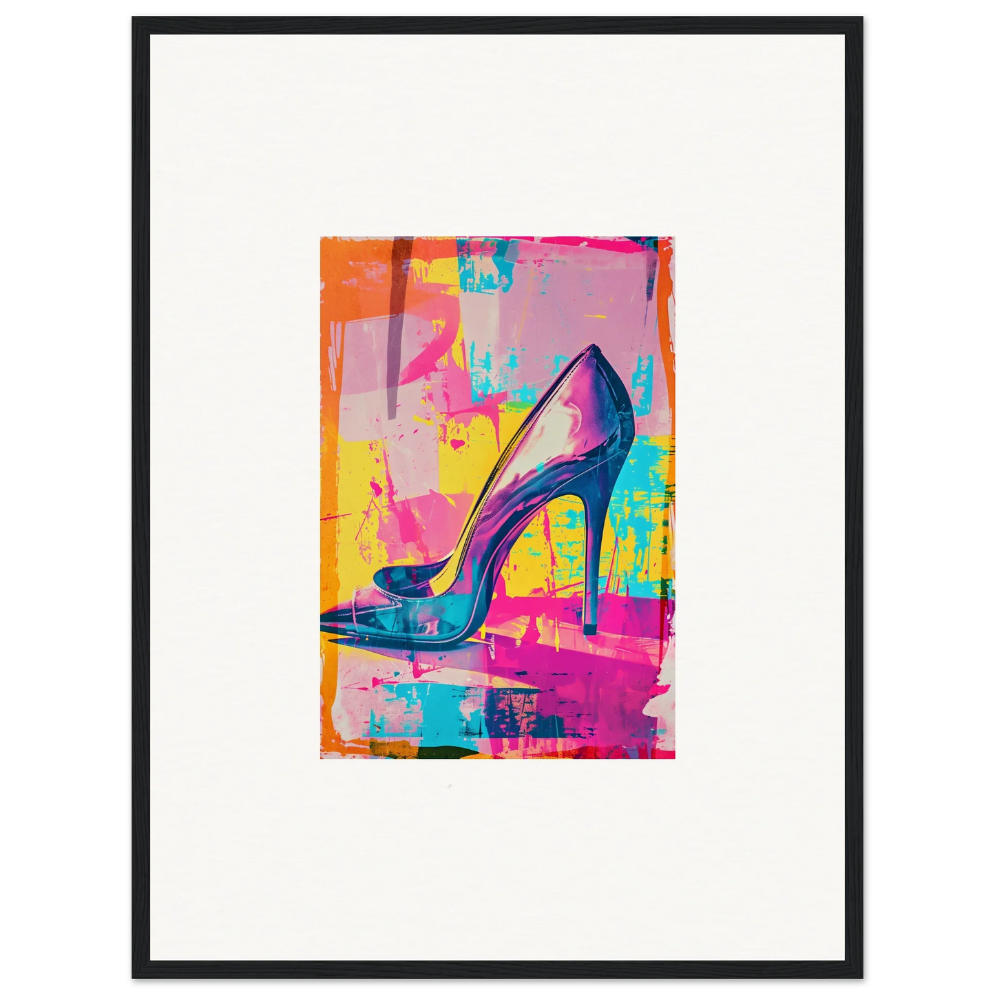 Colorful high-heeled shoe in pop art style, perfect for Room Decor or Framed Wall Art