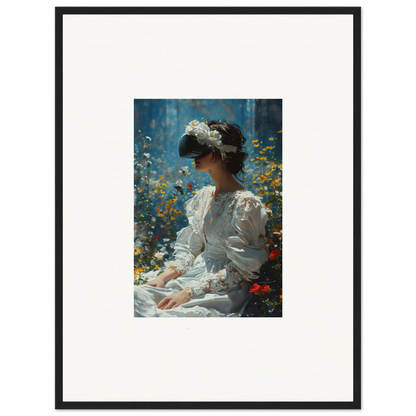 Framed canvas print of a woman in Victorian-era dress for bloom reverie room decoration