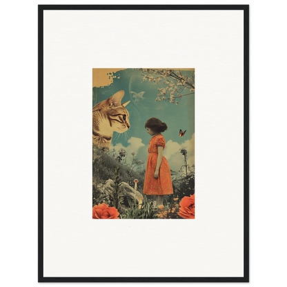 Framed collage art of a giant cat face and figure in orange for dreamy room decoration