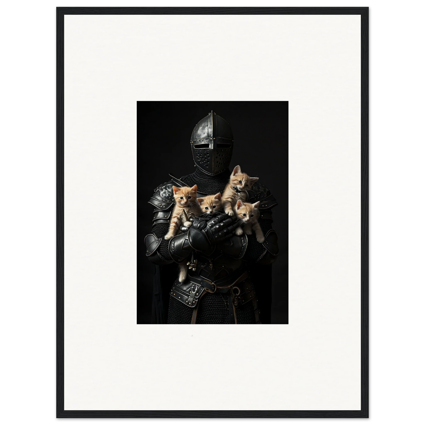 Medieval knight in armor with kittens, perfect for a quirky Feline Bashhut canvas print