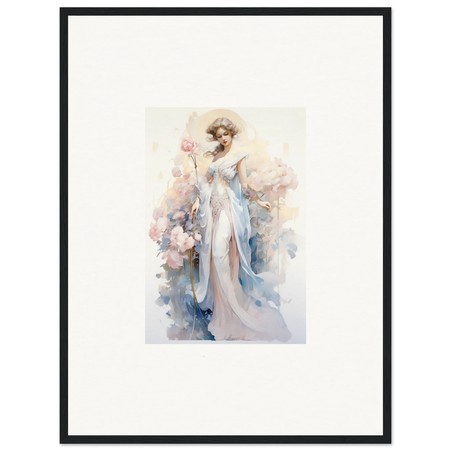 Watercolor painting of a graceful woman in white dress holding pink flower for room decoration