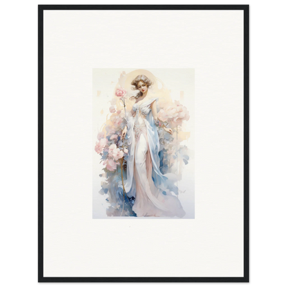 Watercolor painting of a graceful woman in white dress holding pink flower for room decoration