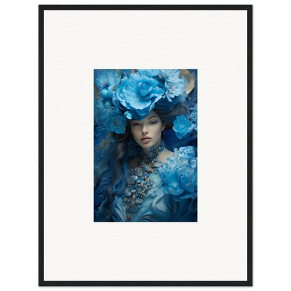 Framed canvas print of a woman in a blue symphony floral headdress for room decoration