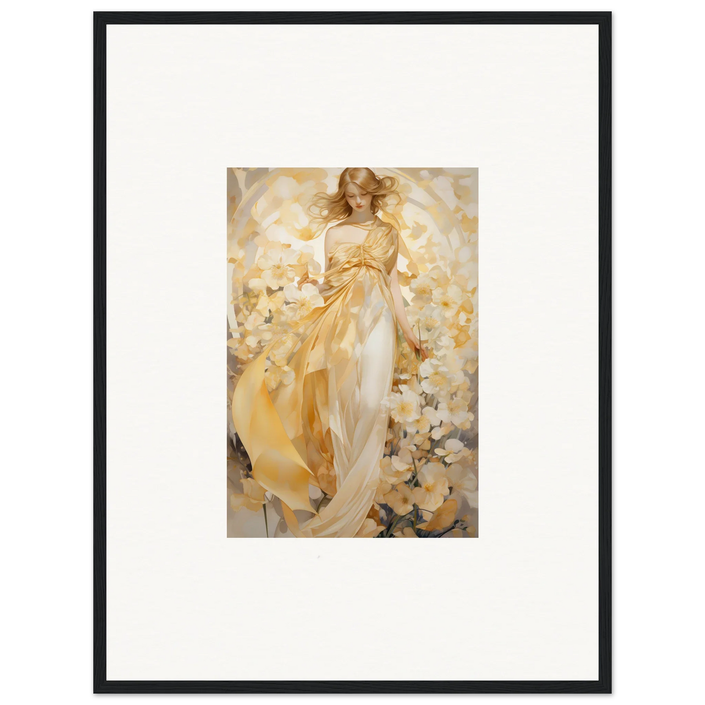 Framed canvas print of an ethereal woman in a golden dress for room decoration