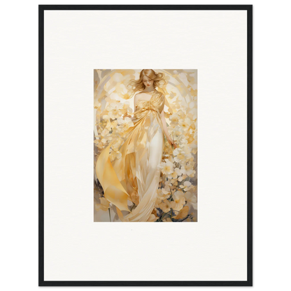 Framed canvas print of an ethereal woman in a golden dress for room decoration