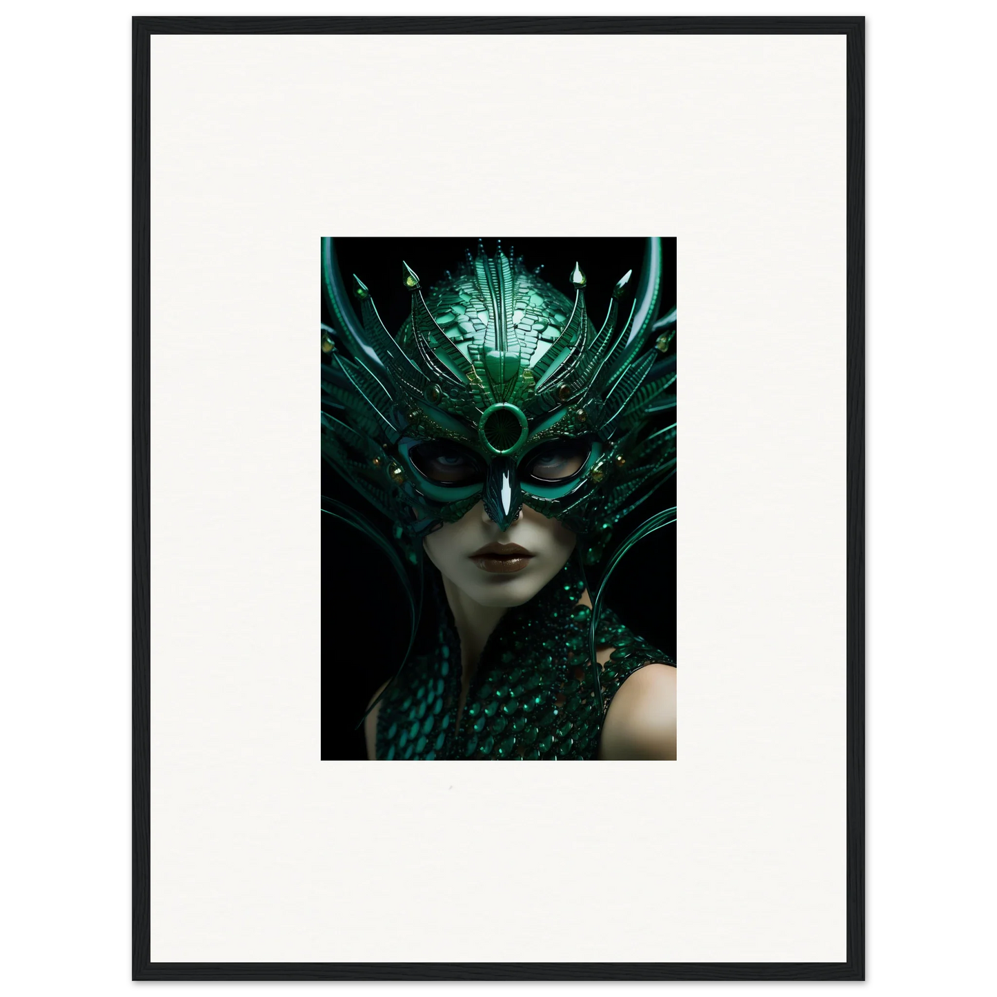 Ornate green mask with feathers for mysterious figure, perfect for room decoration or canvas print