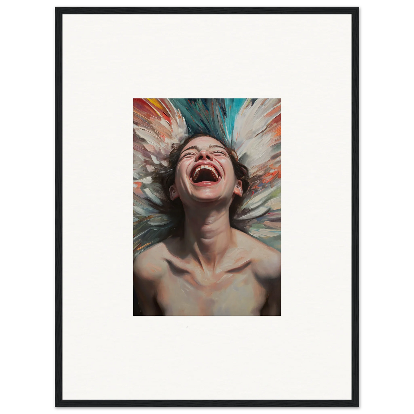 Framed canvas print of a person laughing, perfect for room decoration and aura bloom