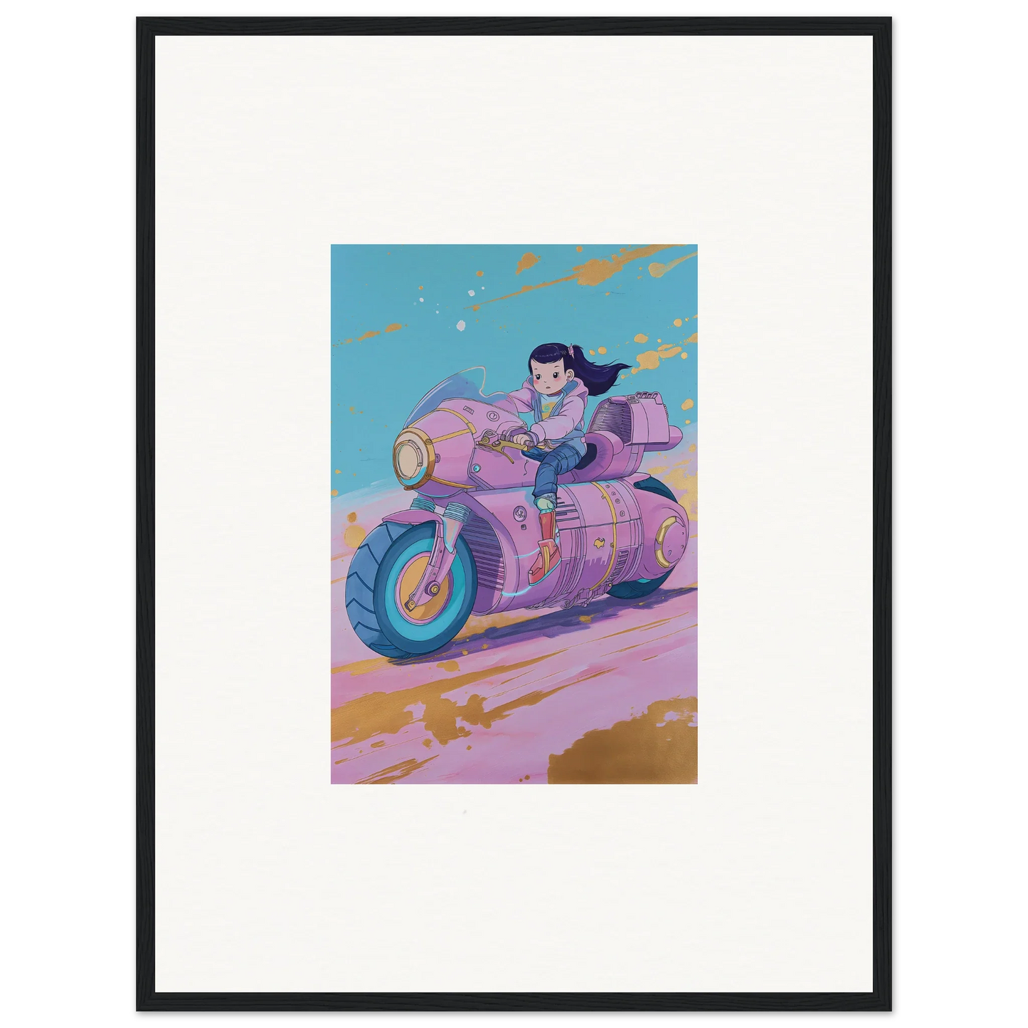 Stylized illustration of a person on a purple motorcycle for Paintfall Venture canvas print