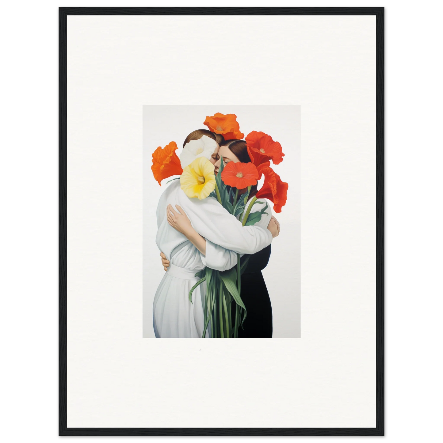 Framed canvas print of Floral Vortex Embrace with figures and flowers, perfect room decoration