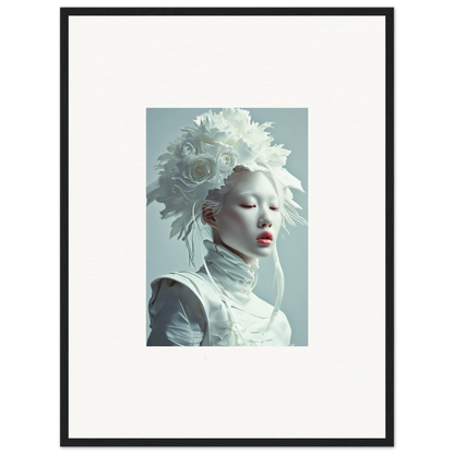 Framed canvas print of a person in white makeup with red lips, perfect for petal visions room decoration