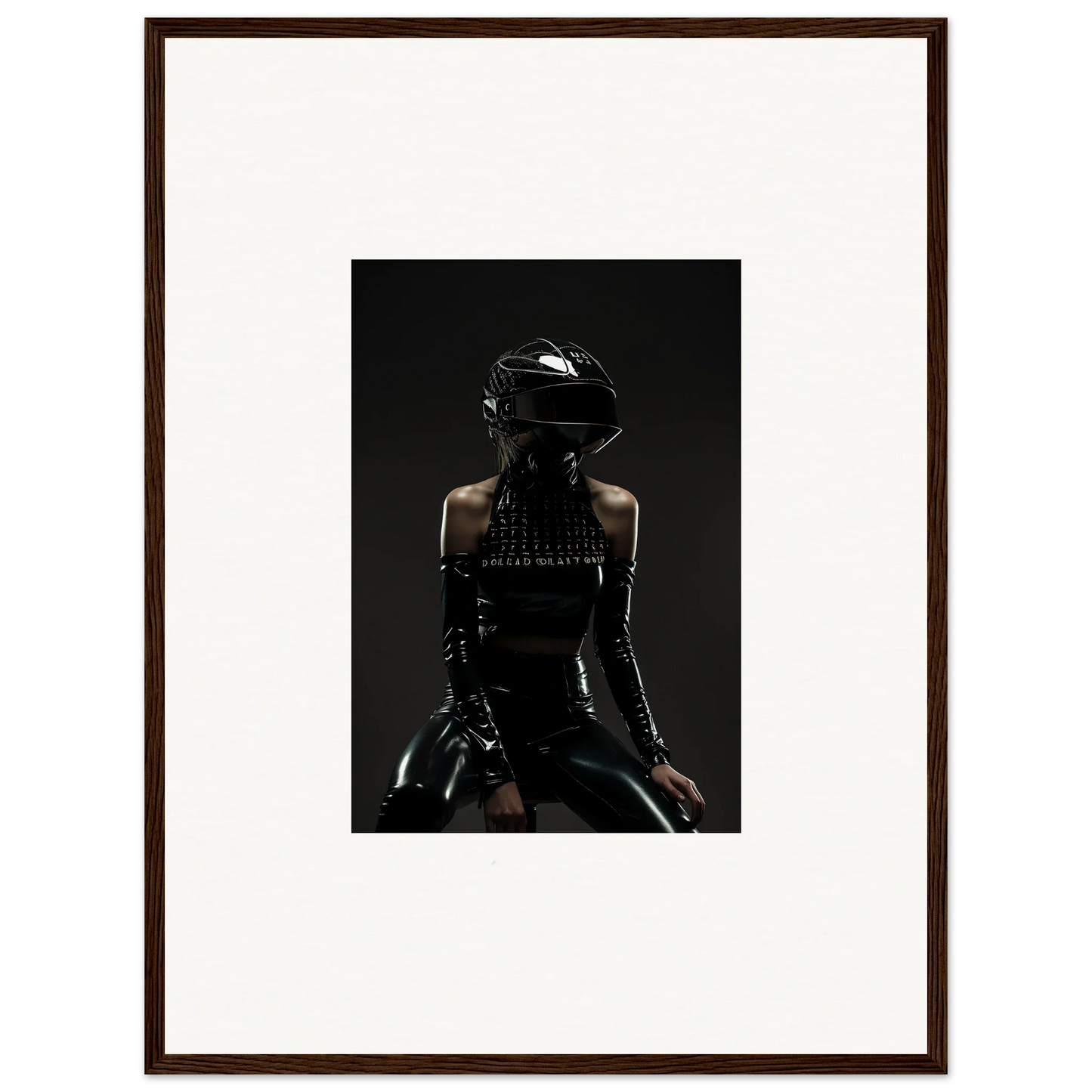 Framed photograph of a person wearing a black helmet and dark clothing in a shadowy, dramatic pose.