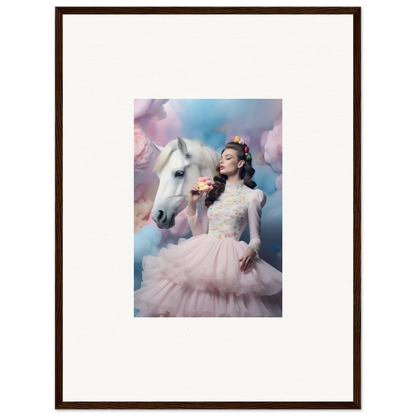 Framed photograph of a woman in a pink tulle dress posing with a white horse.