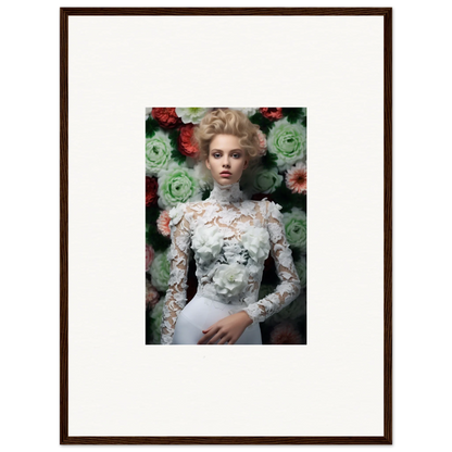 Framed portrait photograph of a woman in an ornate white lace dress against a floral backdrop.