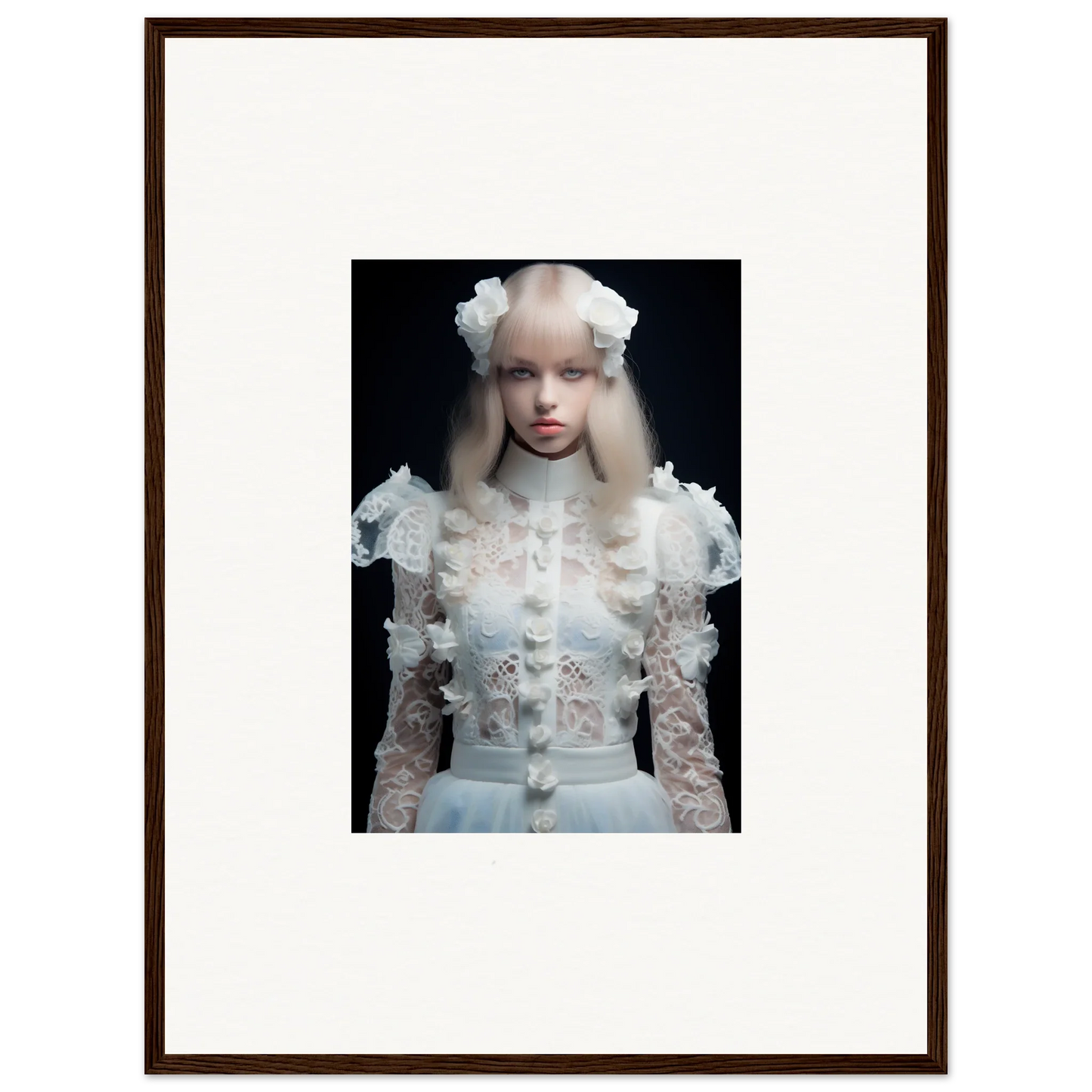 Framed portrait photograph of a person wearing an ornate white lace outfit and floral headpiece.