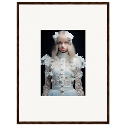 Framed portrait photograph of a person wearing an ornate white lace outfit and floral headpiece.