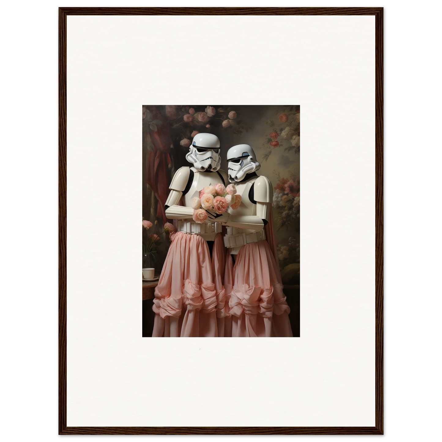 Framed photograph of two Stormtroopers wearing pink tutus and holding a bouquet.