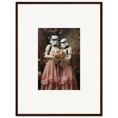 Framed photograph of two Stormtroopers wearing pink tutus and holding a bouquet.