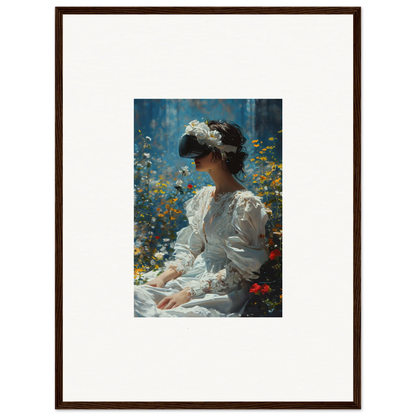 Framed canvas print of a woman in Victorian dress for elegant room decoration, Bloom Reverie