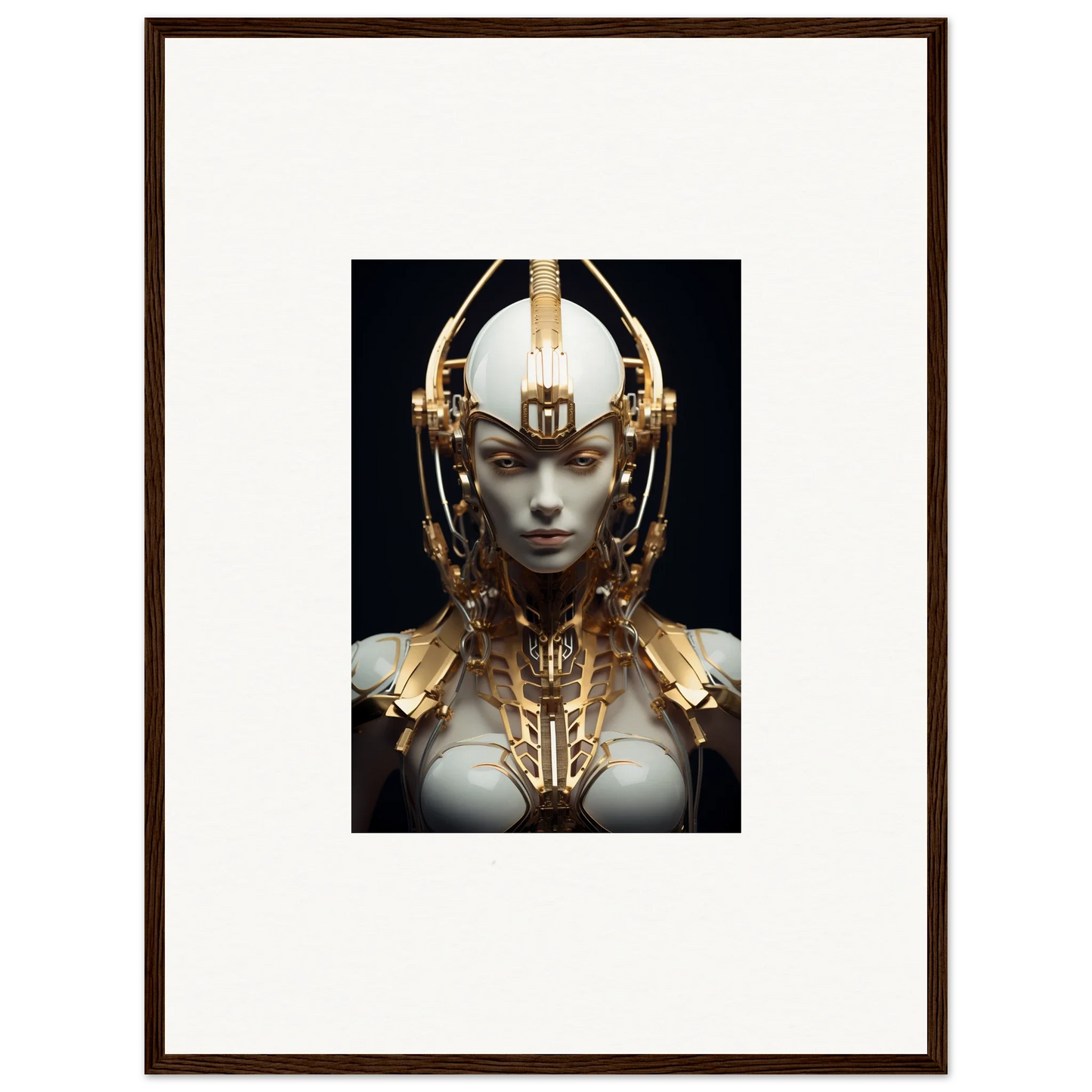 Futuristic humanoid with golden headdress, perfect for a Celestial Conductress canvas print