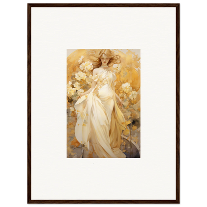 Framed canvas print of an ethereal woman in a silk dream with golden flowers for room decoration