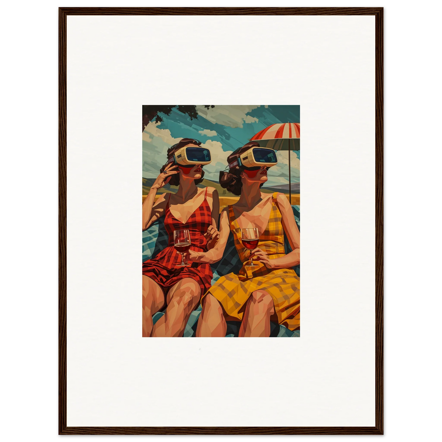 Framed vintage-style canvas print of women in swimsuits with VR headsets in morning sunshine