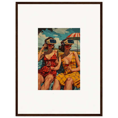 Framed vintage-style canvas print of women in swimsuits with VR headsets in morning sunshine