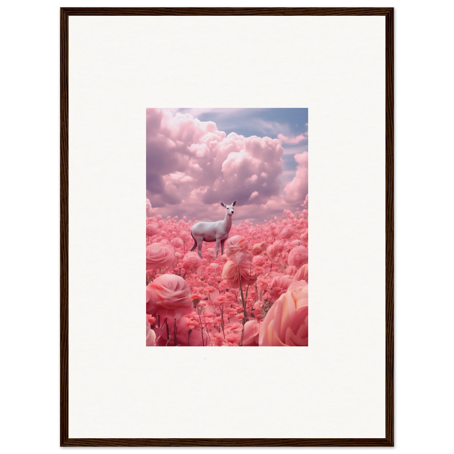 White deer in pink flowers, perfect for a dreamy wall art canvas print