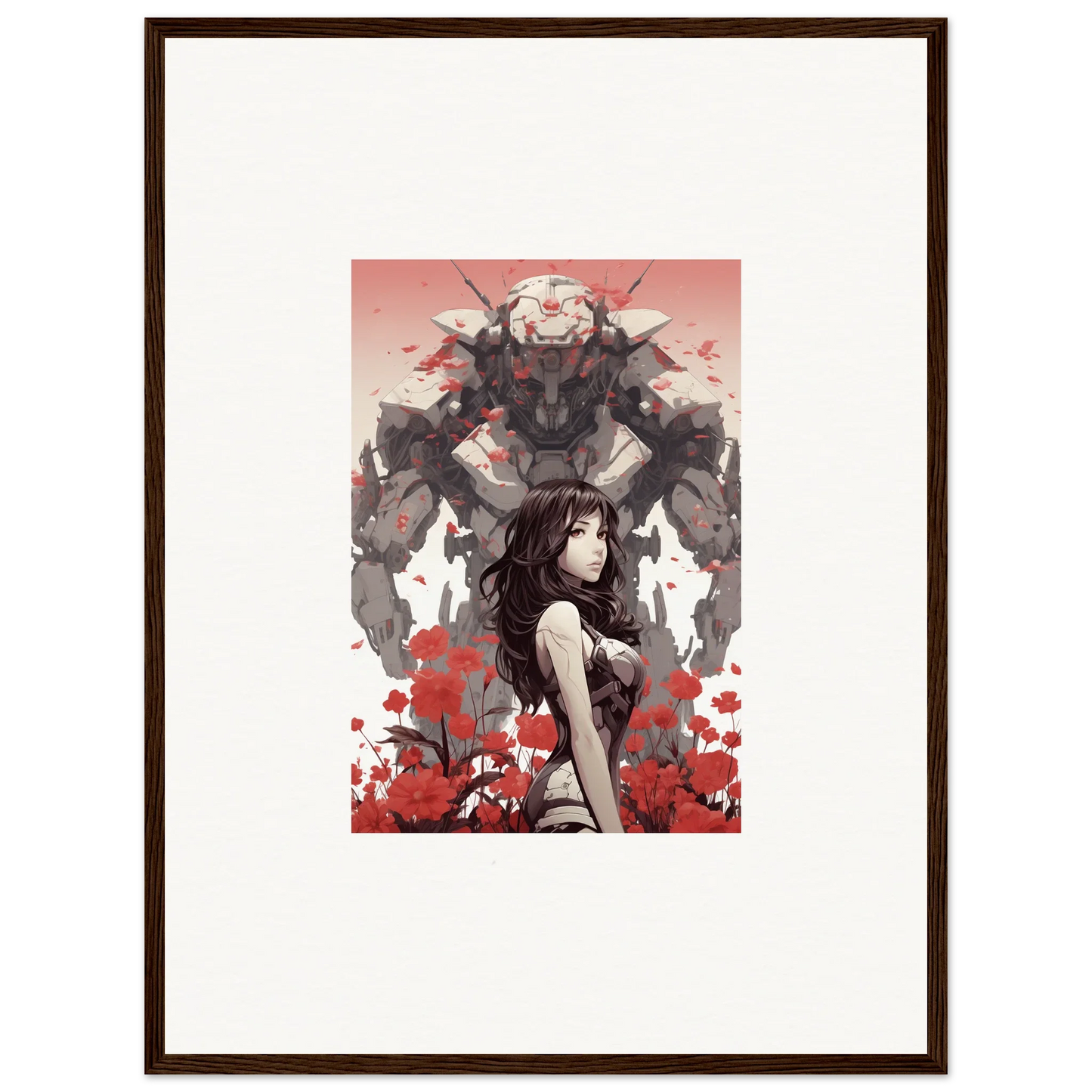 Framed canvas print of a woman with dark hair and a menacing figure for cool wall art