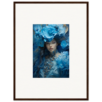 Framed canvas print of a woman in a blue symphony with flowers for room decoration