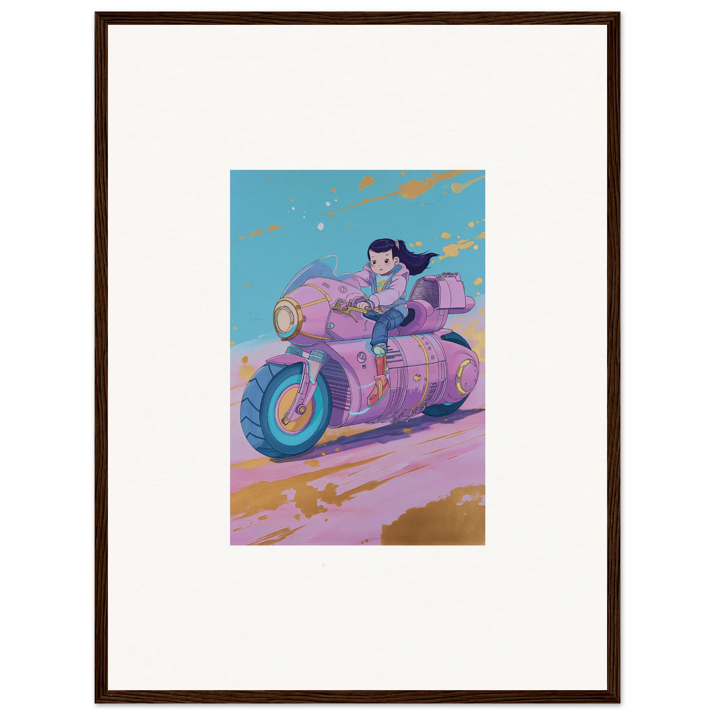 Stylized anime girl on a pink motorcycle, perfect for paintfall venture room decoration