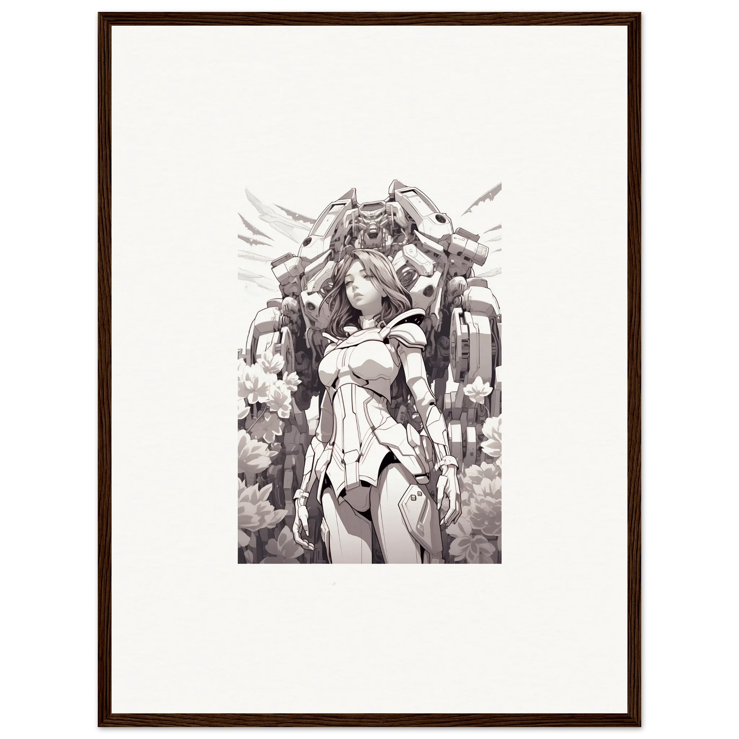 Monochromatic futuristic female warrior with mechanical wings for dream machine canvas print