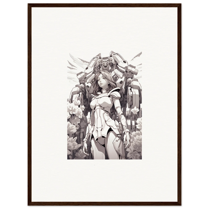 Monochromatic futuristic female warrior with mechanical wings for dream machine canvas print